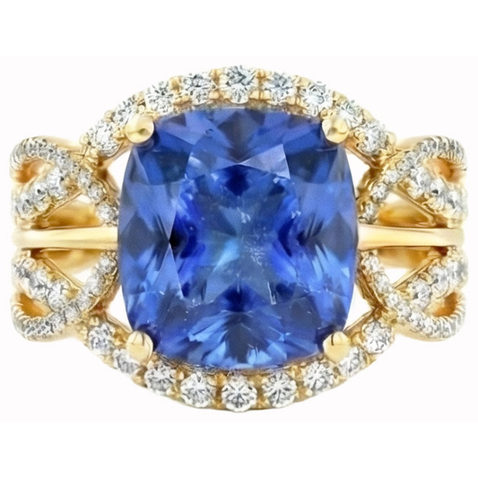 6 ct. Kissen Sri Lanka Blauer Saphir und Diamanten Gelbgold 14K