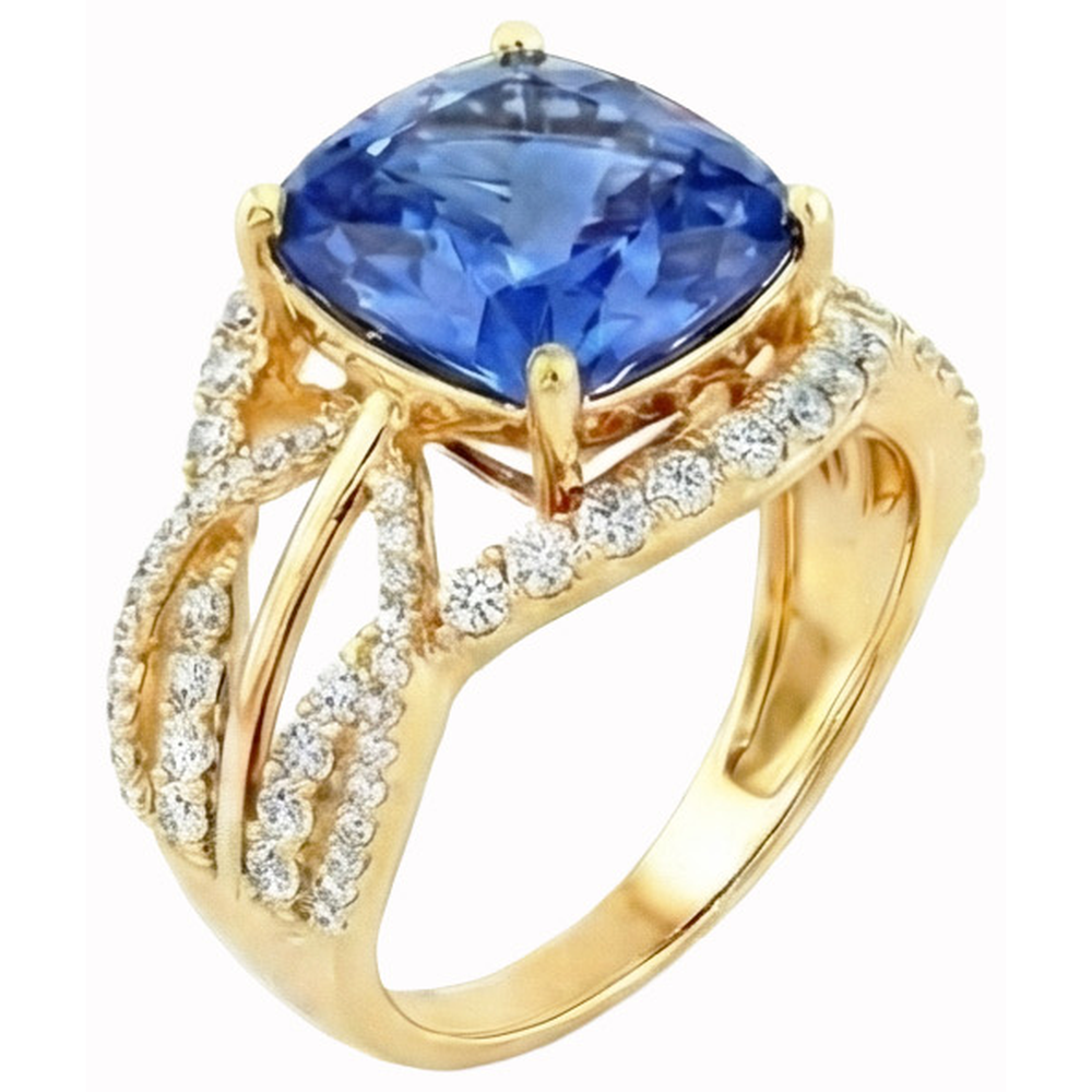 6 ct. Kissen Sri Lanka Blauer Saphir und Diamanten Gelbgold 14K