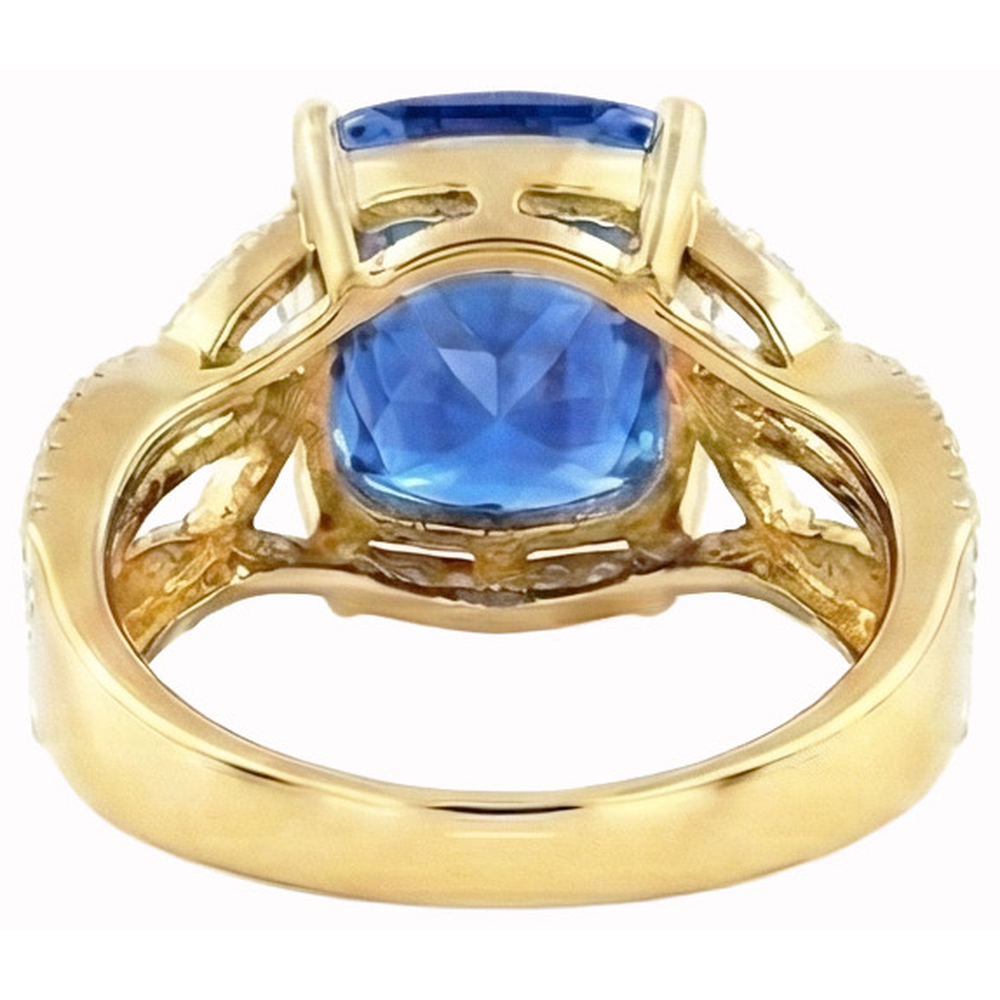 6 ct. Kissen Sri Lanka Blauer Saphir und Diamanten Gelbgold 14K