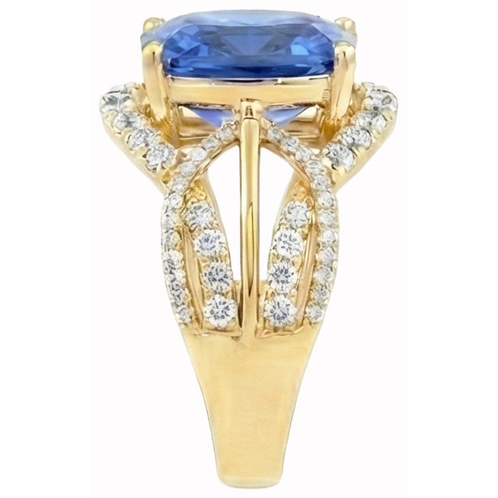 6 ct. Kissen Sri Lanka Blauer Saphir und Diamanten Gelbgold 14K