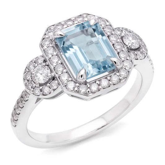 6,25 ct Smaragdschliff Aquamarin und kleine Diamanten Ring Weißgold