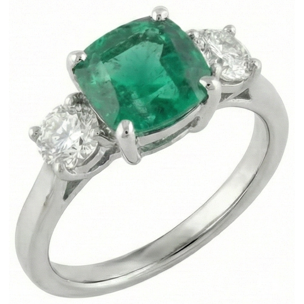 6,50 Karat Grüner Smaragd & Diamant 3-Steine Ring Weißgold 14K