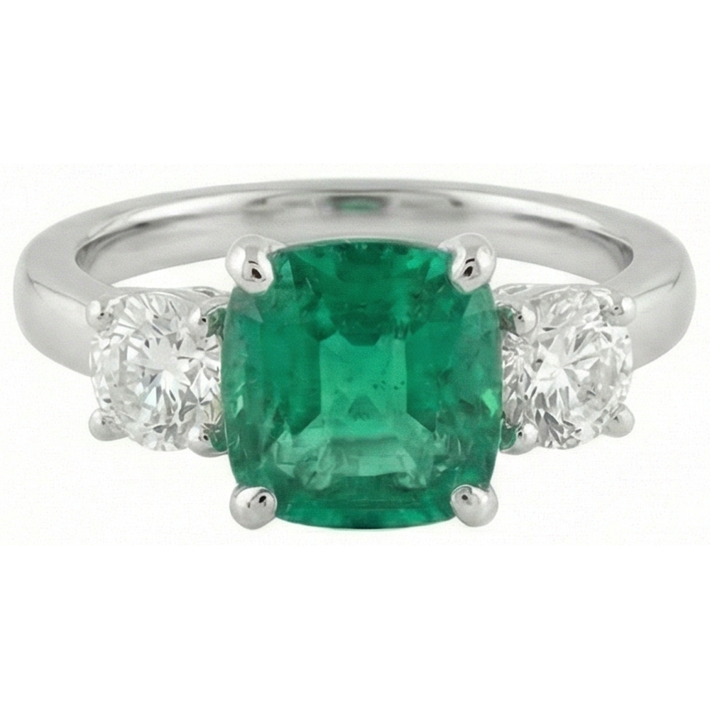 6,50 Karat Grüner Smaragd & Diamant 3-Steine Ring Weißgold 14K