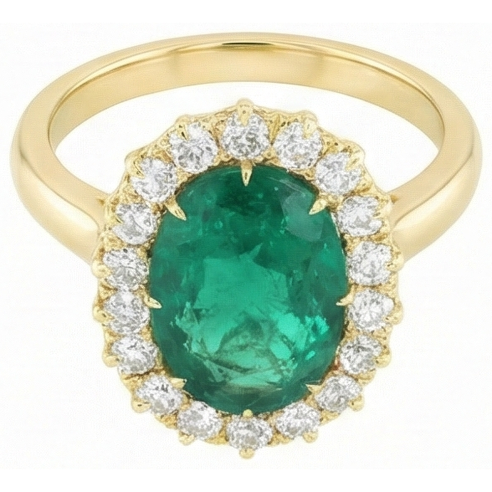 7.50 Karat Ovaler Grün Smaragdring mit runden Diamanten Gelbgold 14K