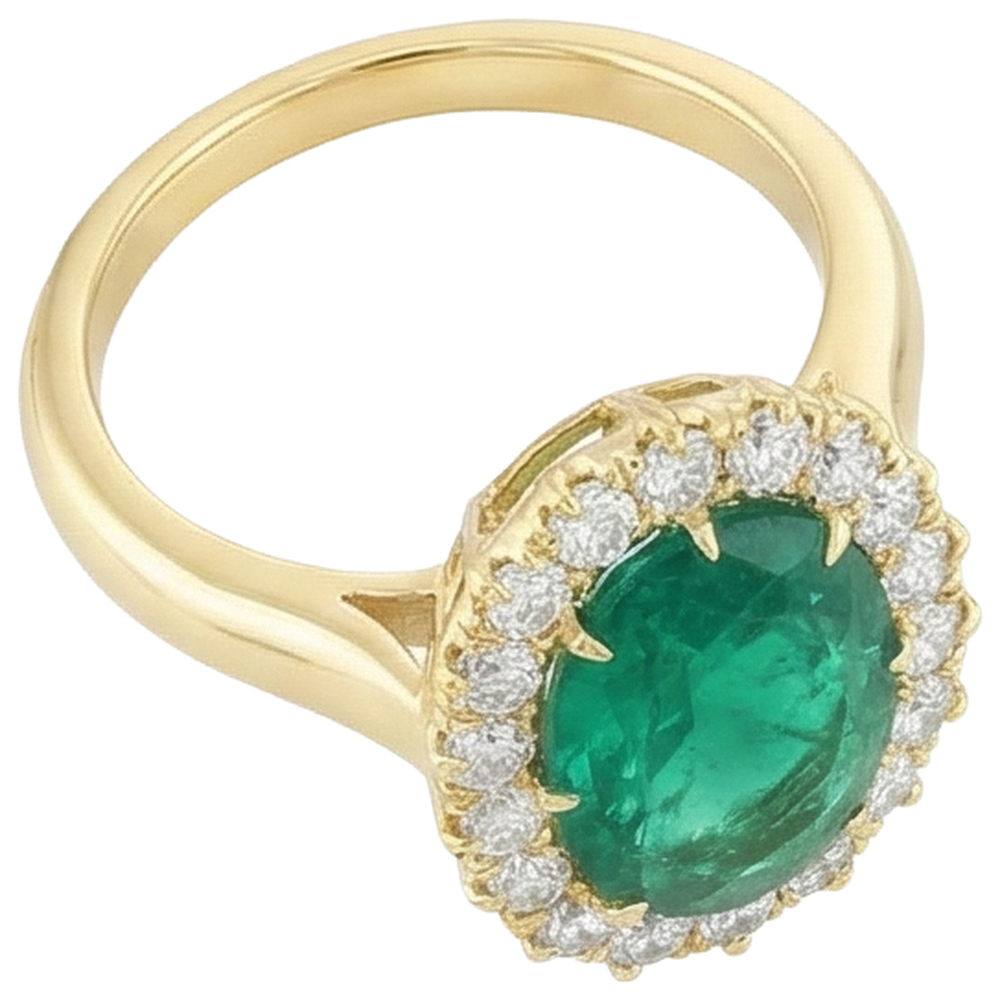 7.50 Karat Ovaler Grün Smaragdring mit runden Diamanten Gelbgold 14K