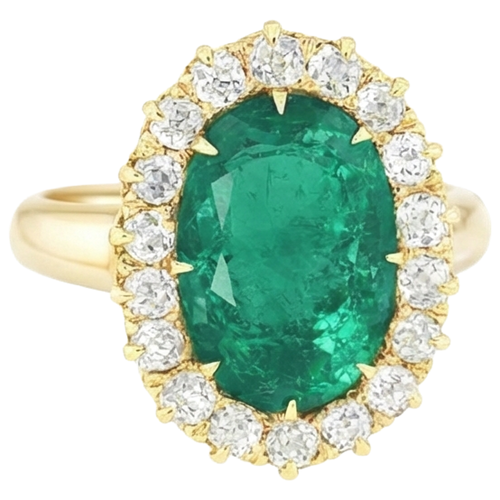 7.50 Karat Ovaler Grün Smaragdring mit runden Diamanten Gelbgold 14K