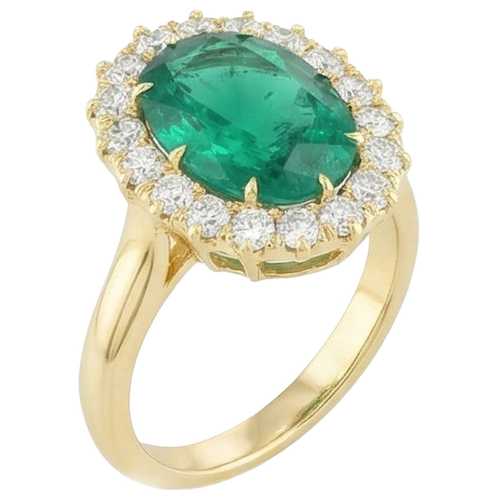 7.50 Karat Ovaler Grün Smaragdring mit runden Diamanten Gelbgold 14K
