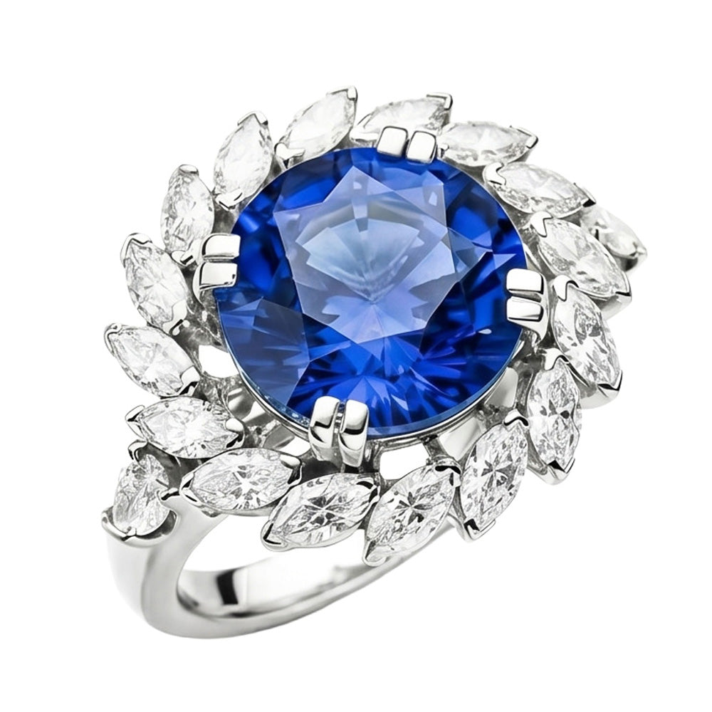8.25 ct. Großer Sri Lanka Saphir und Marquise Diamanten Ring