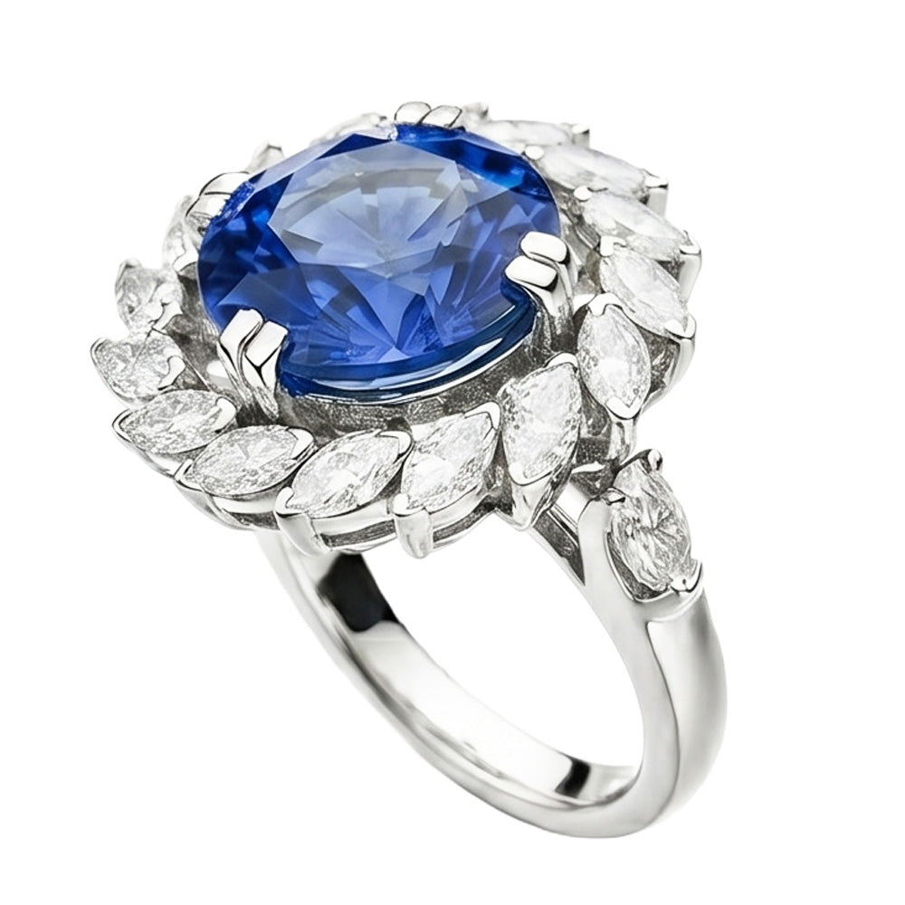8.25 ct. Großer Sri Lanka Saphir und Marquise Diamanten Ring