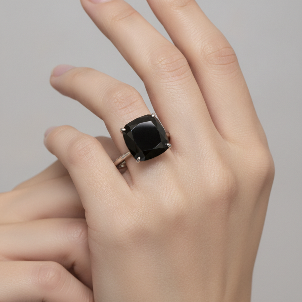 Antragsring mit schwarzem Diamant, 5 Karat, natürlicher Kissenschliff, Solitär, schlicht, 14 Karat Weißgold