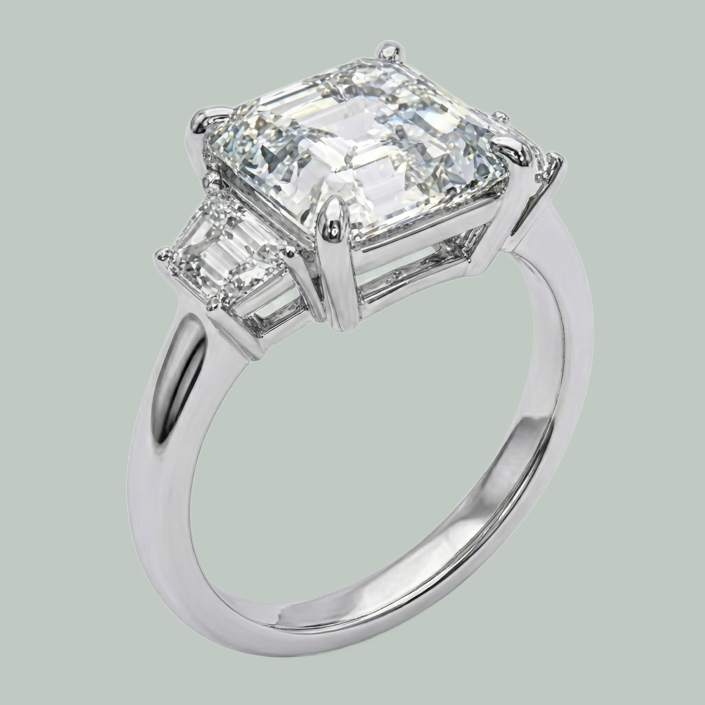 Adlerkralle Zinken Asscher & Trapez-Echt Diamant-Ring Mit 3 Steinen Neu