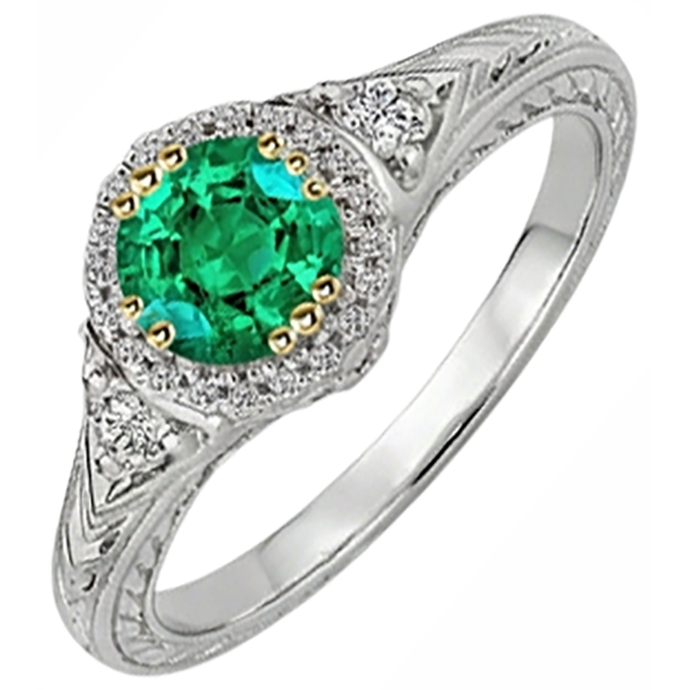 Edler Smaragd Brillantschliff Edelstein-Ring in 14 Karat Zweifarbig Gold – Frontansicht