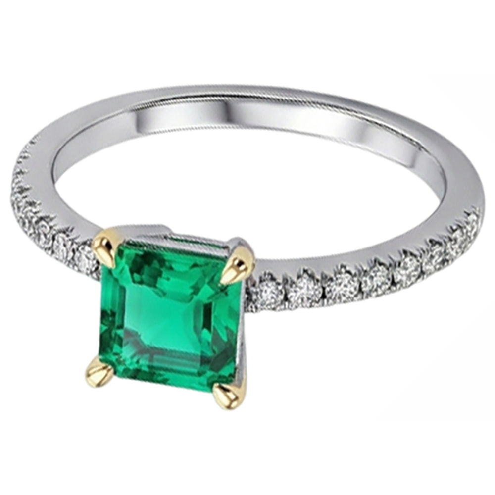 Edler Smaragd Asscher-Schliff Farbstein-Ring in 14 Karat Zweifarbig Gold – Schrägansicht