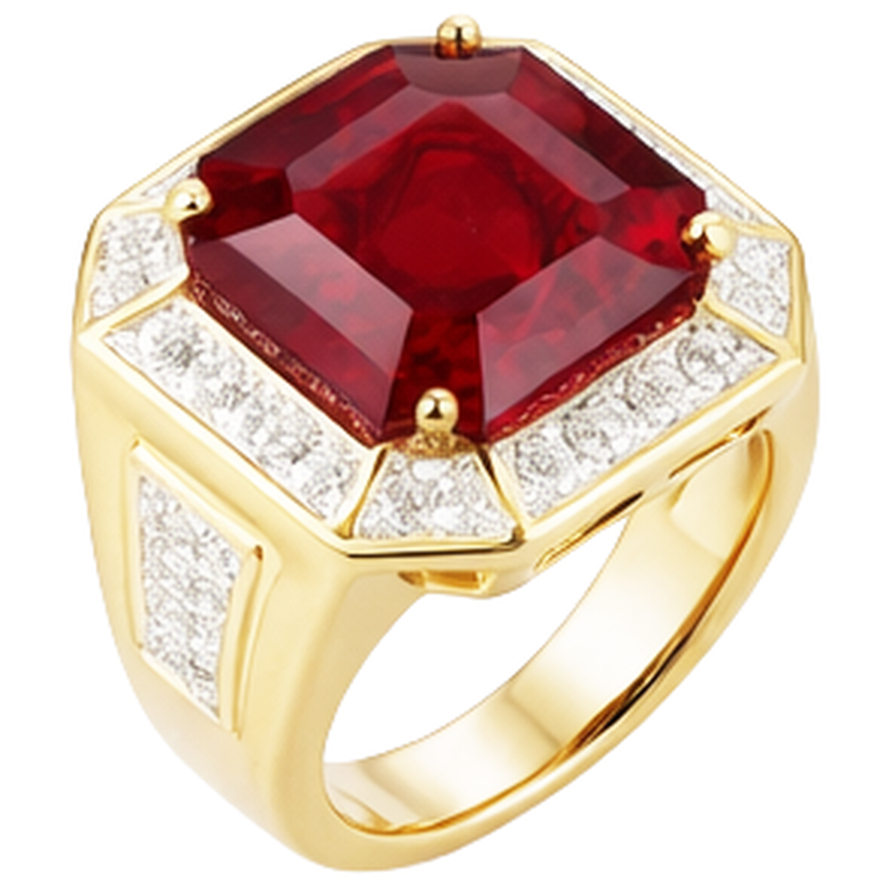 Asscher Roter Herren Rubin Ring Mit Diamant 11 Karat Gelb Gold 14K