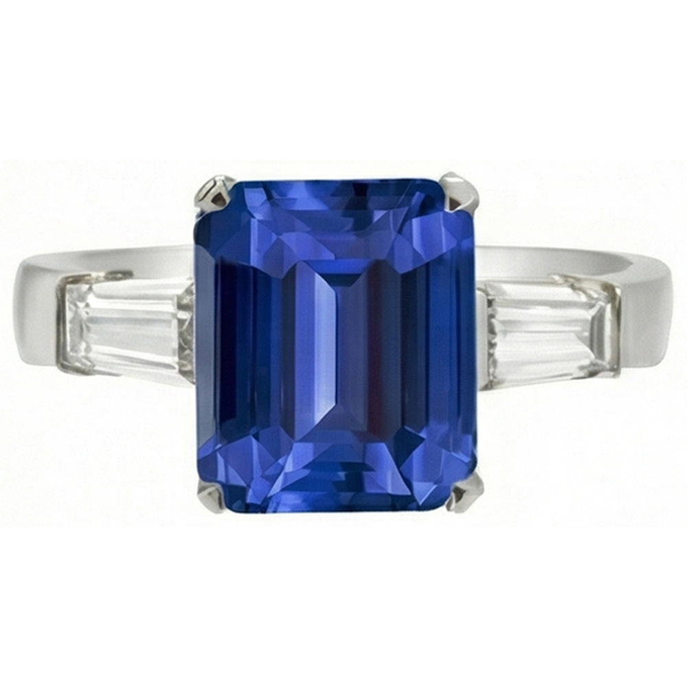 Baguette Natürlicher Diamant ( nicht im Labor gezüchtet ) Drei Steine Smaragd Ceylon Saphir Ring 3,50 Karat