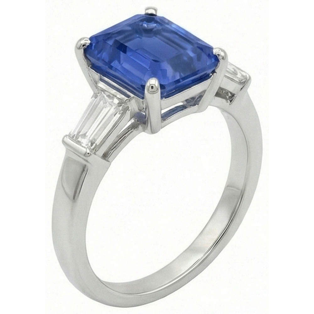 Baguette Natürlicher Diamant ( nicht im Labor gezüchtet ) Drei Steine Smaragd Ceylon Saphir Ring 3,50 Karat