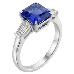 Baguette Natürlicher Diamant ( nicht im Labor gezüchtet ) 3 Steine Ring Asscher Schliff Blauer Saphir 2.50 Karat