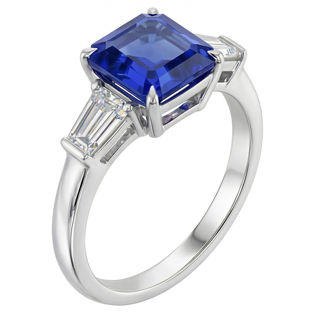 Baguette Natürlicher Diamant ( nicht im Labor gezüchtet ) 3 Steine Ring Asscher Schliff Blauer Saphir 2.50 Karat