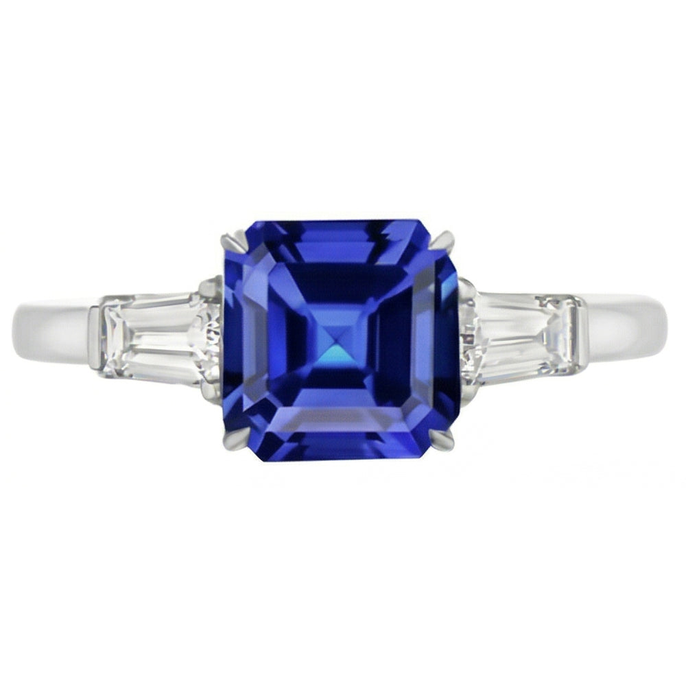Baguette Natürlicher Diamant ( nicht im Labor gezüchtet ) 3 Steine Ring Asscher Schliff Blauer Saphir 2.50 Karat