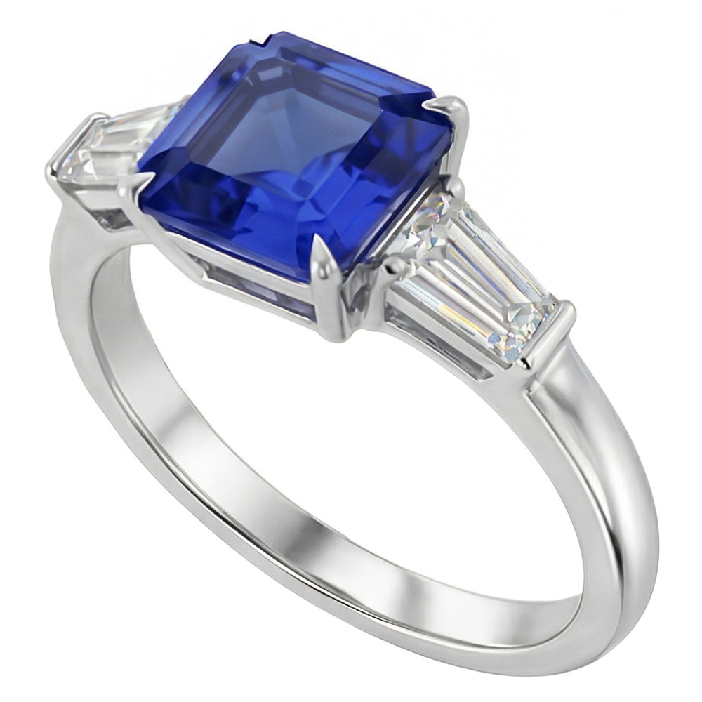Baguette Natürlicher Diamant ( nicht im Labor gezüchtet ) 3 Steine Ring Asscher Schliff Blauer Saphir 2.50 Karat