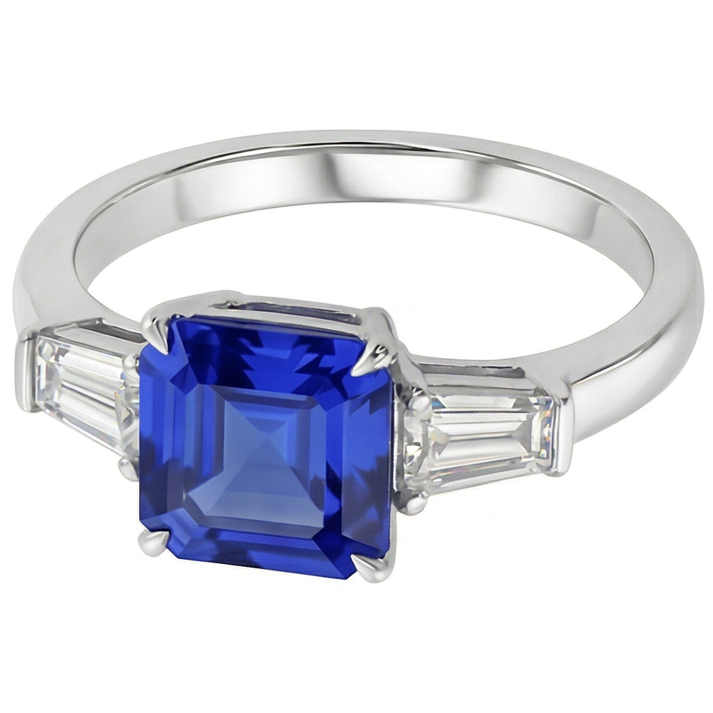 Baguette Natürlicher Diamant ( nicht im Labor gezüchtet ) 3 Steine Ring Asscher Schliff Blauer Saphir 2.50 Karat