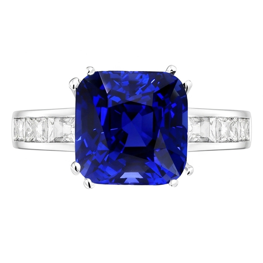 Baguette Natürlicher Diamant ( nicht im Labor gezüchtet ) Kissen Blauer Saphir Ring 4 Karat Gold 14K Schmuck