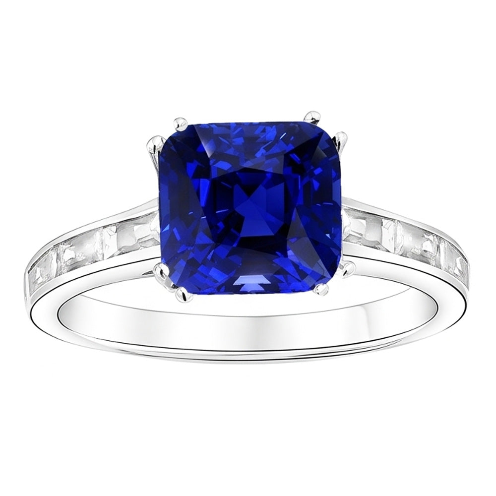 Baguette Natürlicher Diamant ( nicht im Labor gezüchtet ) Kissen Blauer Saphir Ring 4 Karat Gold 14K Schmuck