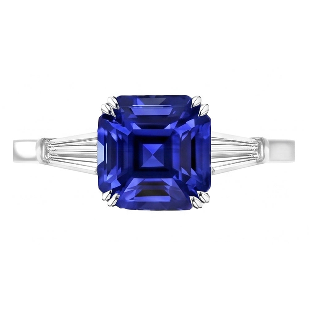 Baguette-Natürlicher Diamant ( nicht im Labor gezüchtet )-Ring mit 3 Steinen Tiefblauer Saphir im Asscher-Schliff 2 Karat