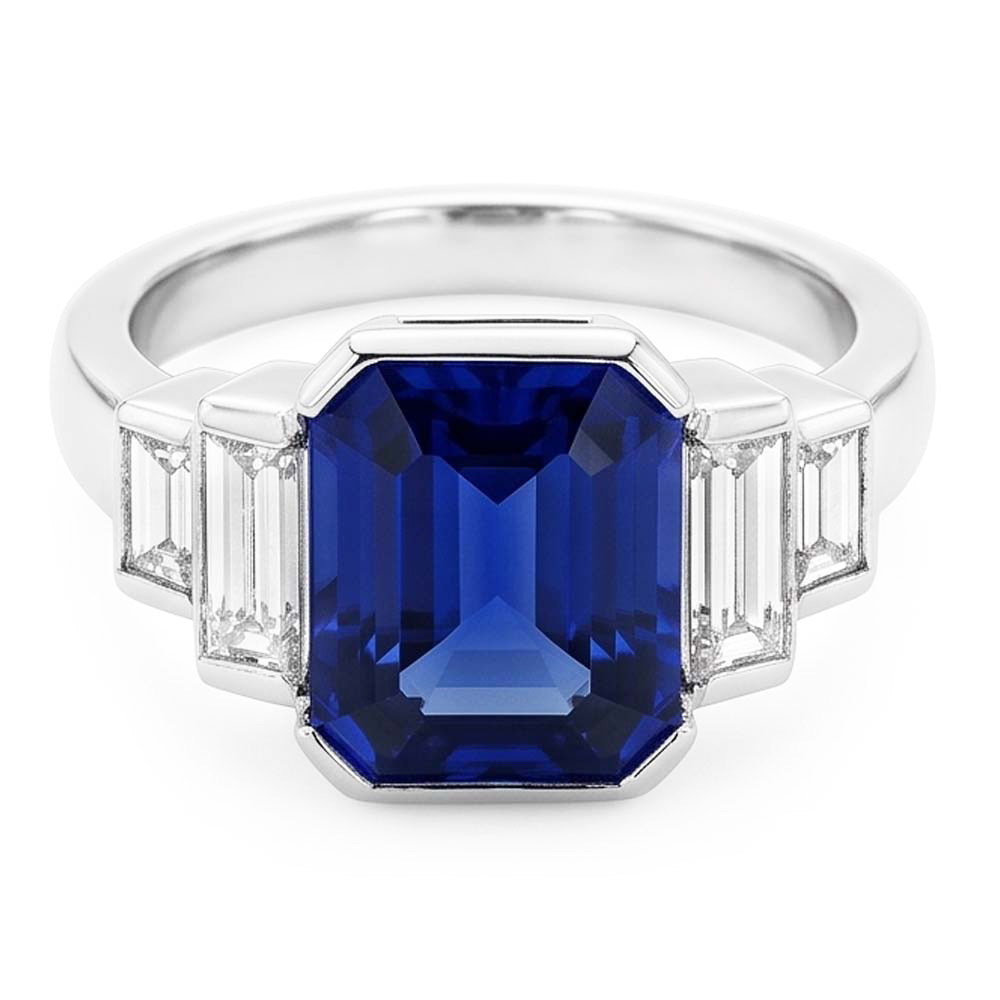 Baguette Natürlicher Diamant ( nicht im Labor gezüchtet ) & Radiant Cut Blauer Saphir Ringriegel Set 2 Karat