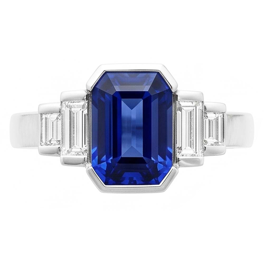 Baguette Natürlicher Diamant ( nicht im Labor gezüchtet ) & Radiant Cut Blauer Saphir Ringriegel Set 2 Karat
