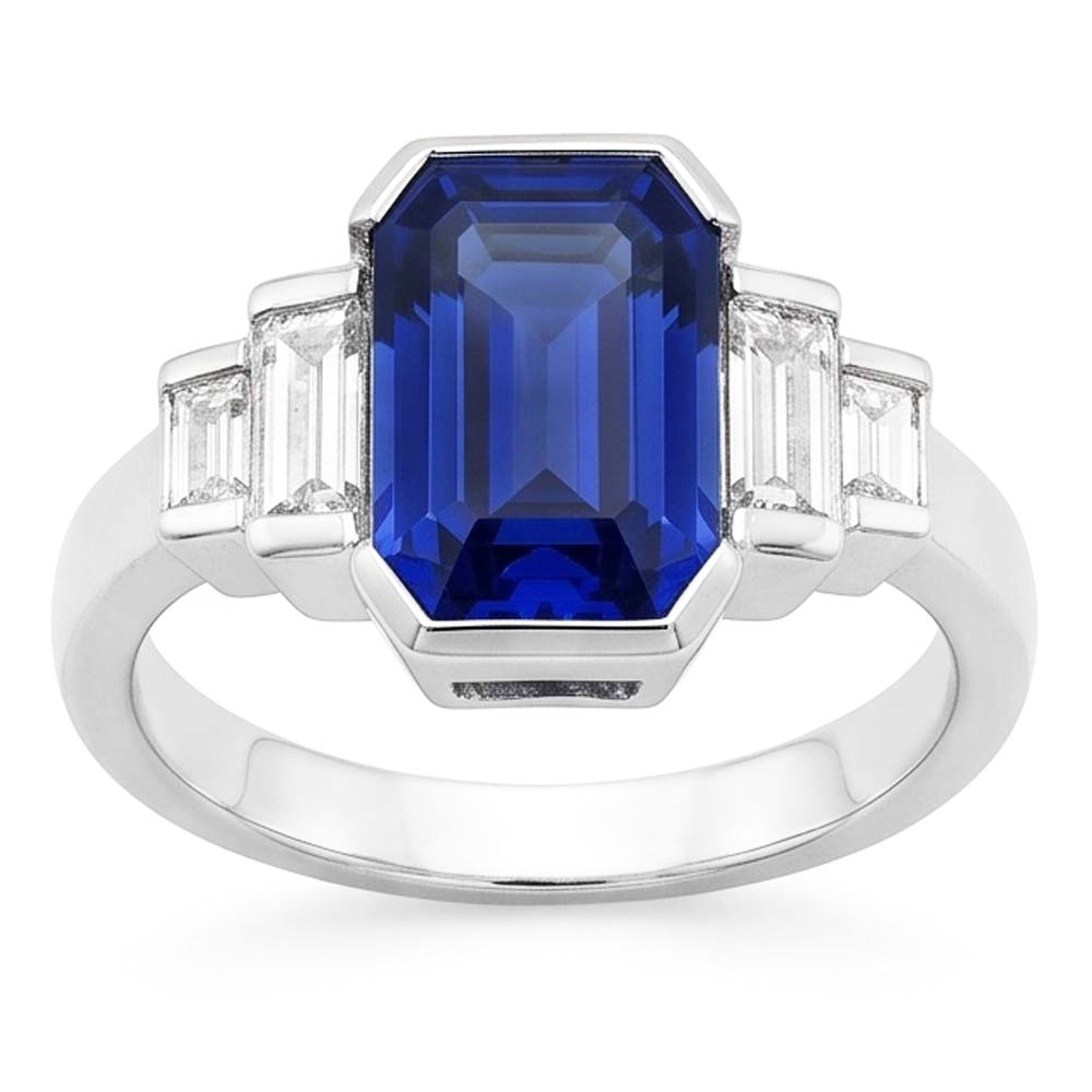Baguette Natürlicher Diamant ( nicht im Labor gezüchtet ) & Radiant Cut Blauer Saphir Ringriegel Set 2 Karat