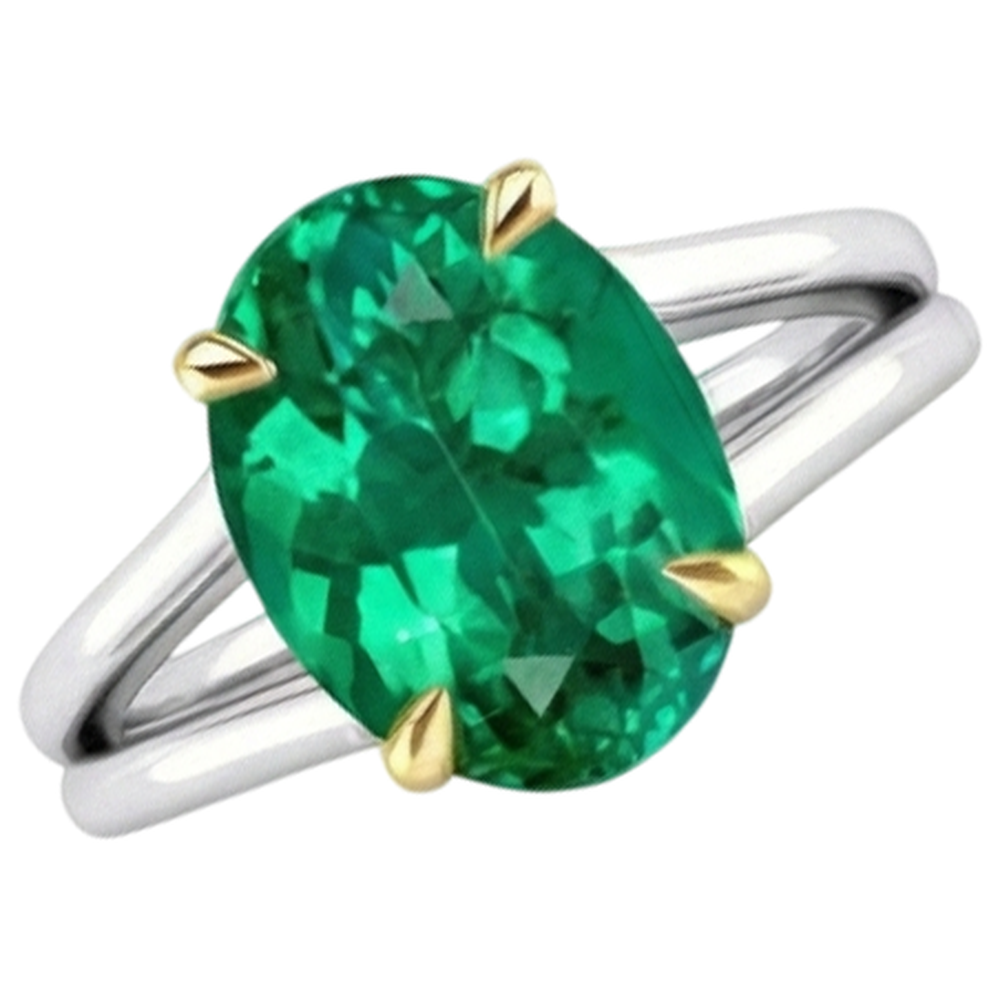 Edler Smaragd Oval Schmuckstein-Ring in Zweifarbiges 14K Gold – Frontansicht