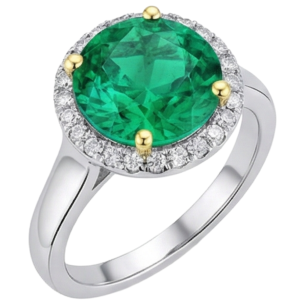 Authentischer Kolumbianischer Smaragd Schmuckstein-Ring 4 Karat Zweifarbiges 14K Gold – Schrägansicht