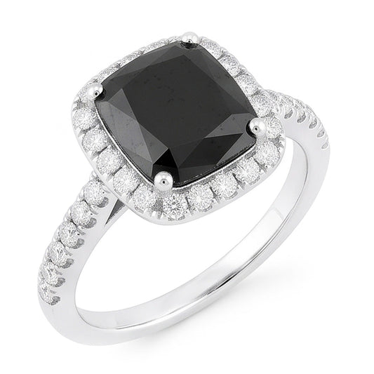 Verlobungsring mit schwarzem Diamant 5 Karat Echter Radiantschliff Halo 14 Karat Weißgold