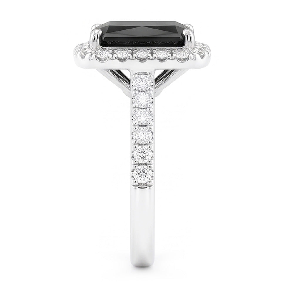 Verlobungsring mit schwarzem Diamant 5 Karat Echter Radiantschliff Halo 14 Karat Weißgold