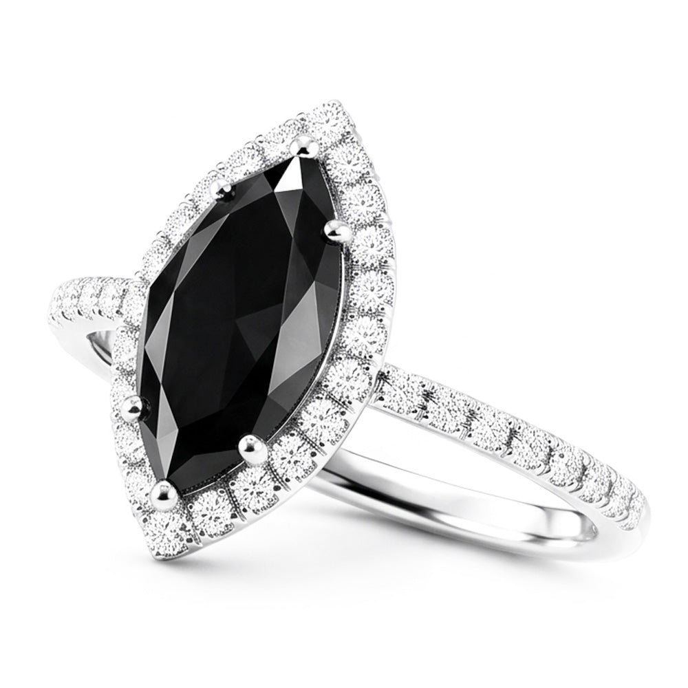 Ehering mit echtem schwarzem Diamanten 4 Karat Marquise Halo 14 Karat Weißgold