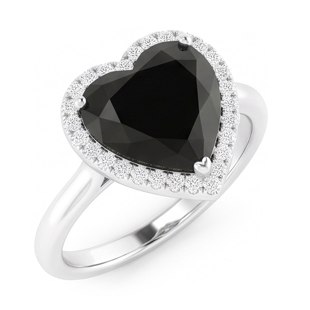 Ehering mit echtem schwarzem Diamant, 9 Karat, Herz-Halo, 14 Karat Weißgold