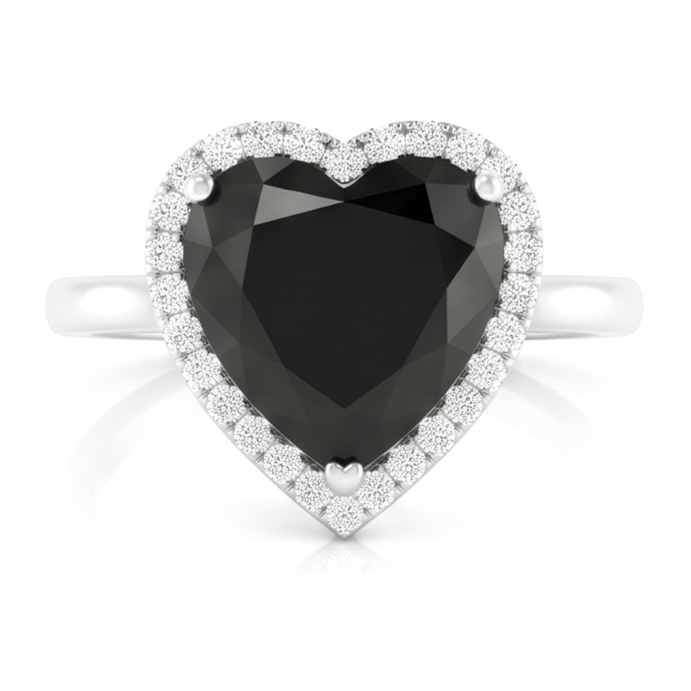 Ehering mit echtem schwarzem Diamant, 9 Karat, Herz-Halo, 14 Karat Weißgold