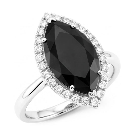 Verlobungsring mit echtem schwarzem Diamant 3 Karat Marquise Halo 14 Karat Weißgold
