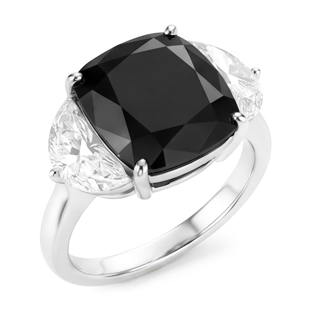 Dreistein-Antragsring mit schwarzem Diamanten, 4,6 Karat, natürlicher Kissenschliff, Halbmond, 14 Karat Weißgold
