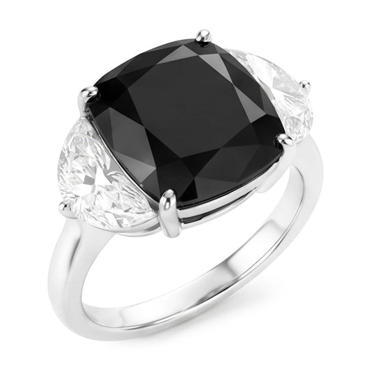 Dreistein-Antragsring mit schwarzem Diamanten, 4,6 Karat, natürlicher Kissenschliff, Halbmond, 14 Karat Weißgold