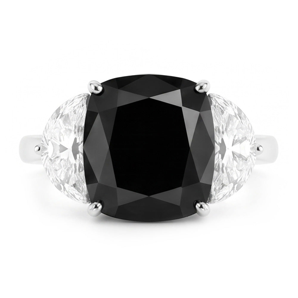 Dreistein-Antragsring mit schwarzem Diamanten, 4,6 Karat, natürlicher Kissenschliff, Halbmond, 14 Karat Weißgold