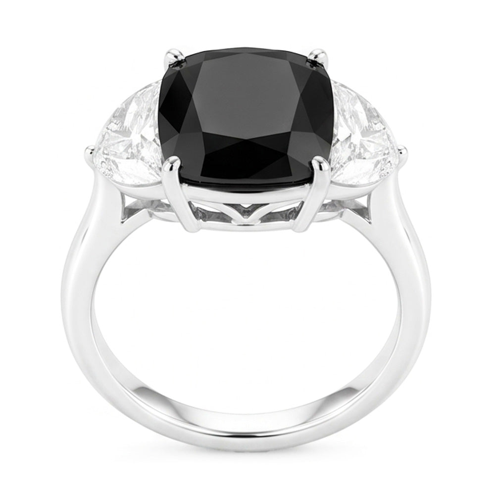Dreistein-Antragsring mit schwarzem Diamanten, 4,6 Karat, natürlicher Kissenschliff, Halbmond, 14 Karat Weißgold