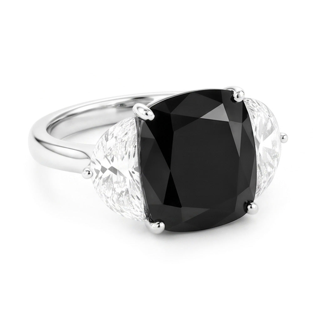 Dreistein-Antragsring mit schwarzem Diamanten, 4,6 Karat, natürlicher Kissenschliff, Halbmond, 14 Karat Weißgold