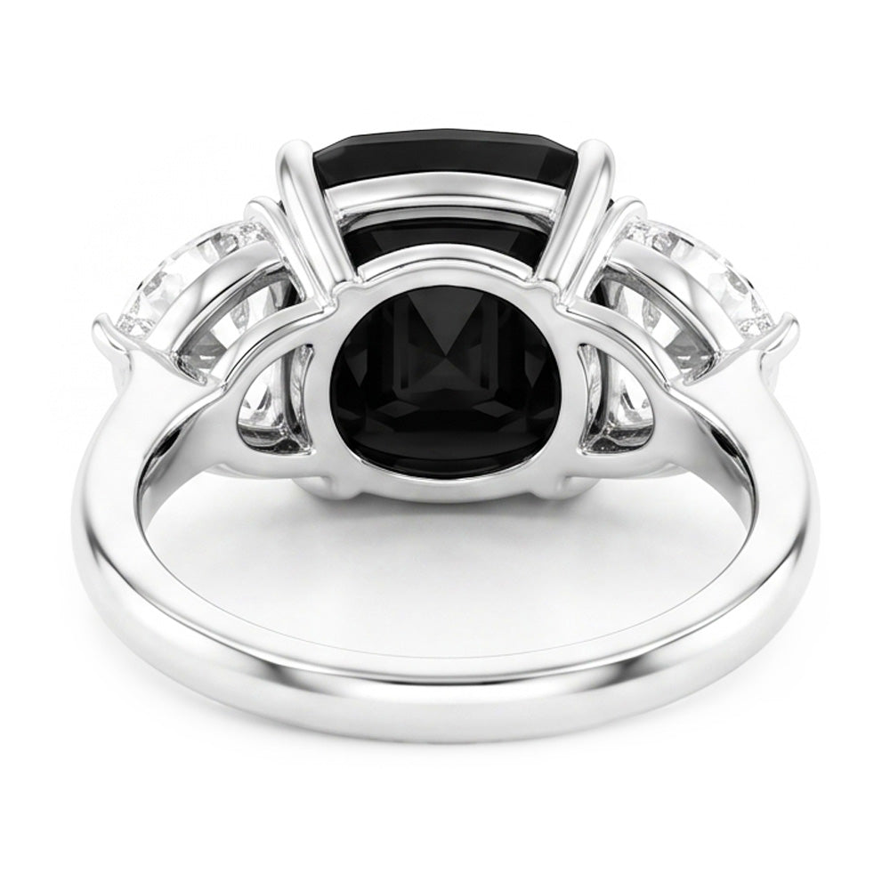 Dreistein-Antragsring mit schwarzem Diamanten, 4,6 Karat, natürlicher Kissenschliff, Halbmond, 14 Karat Weißgold