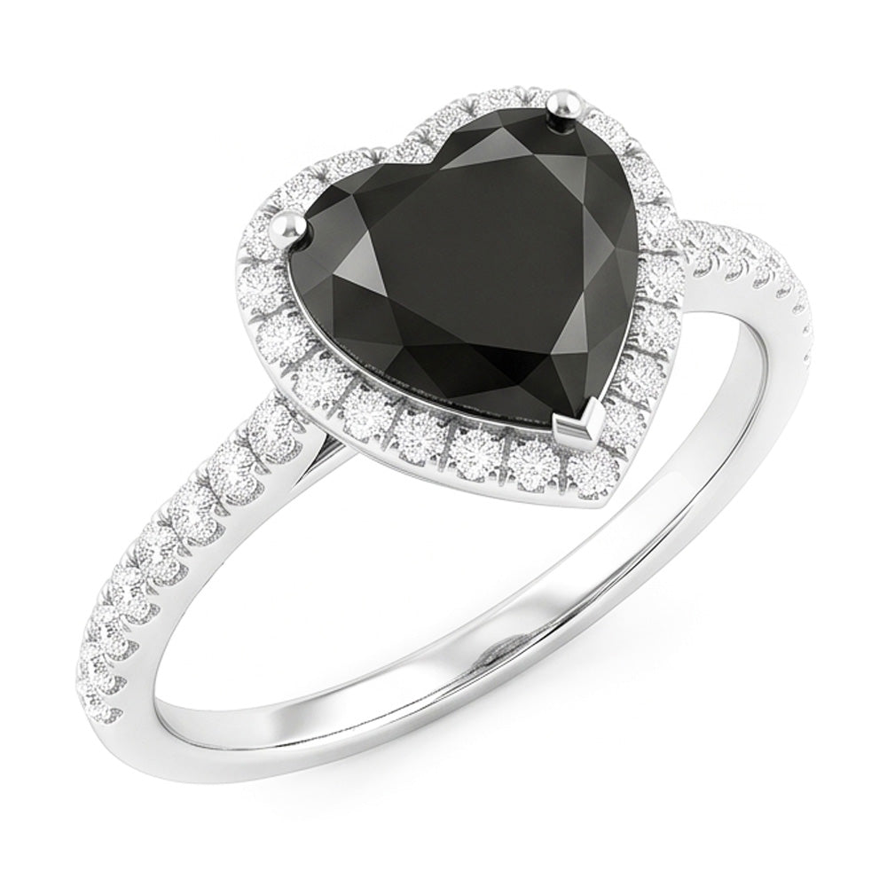 Verlobungsring mit schwarzem Diamanten 4 Karat Natürliche Herzform Halo Pavé 14 Karat Weißgold