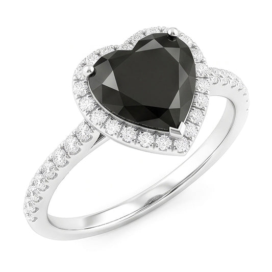 Verlobungsring mit schwarzem Diamanten 4 Karat Natürliche Herzform Halo Pavé 14 Karat Weißgold