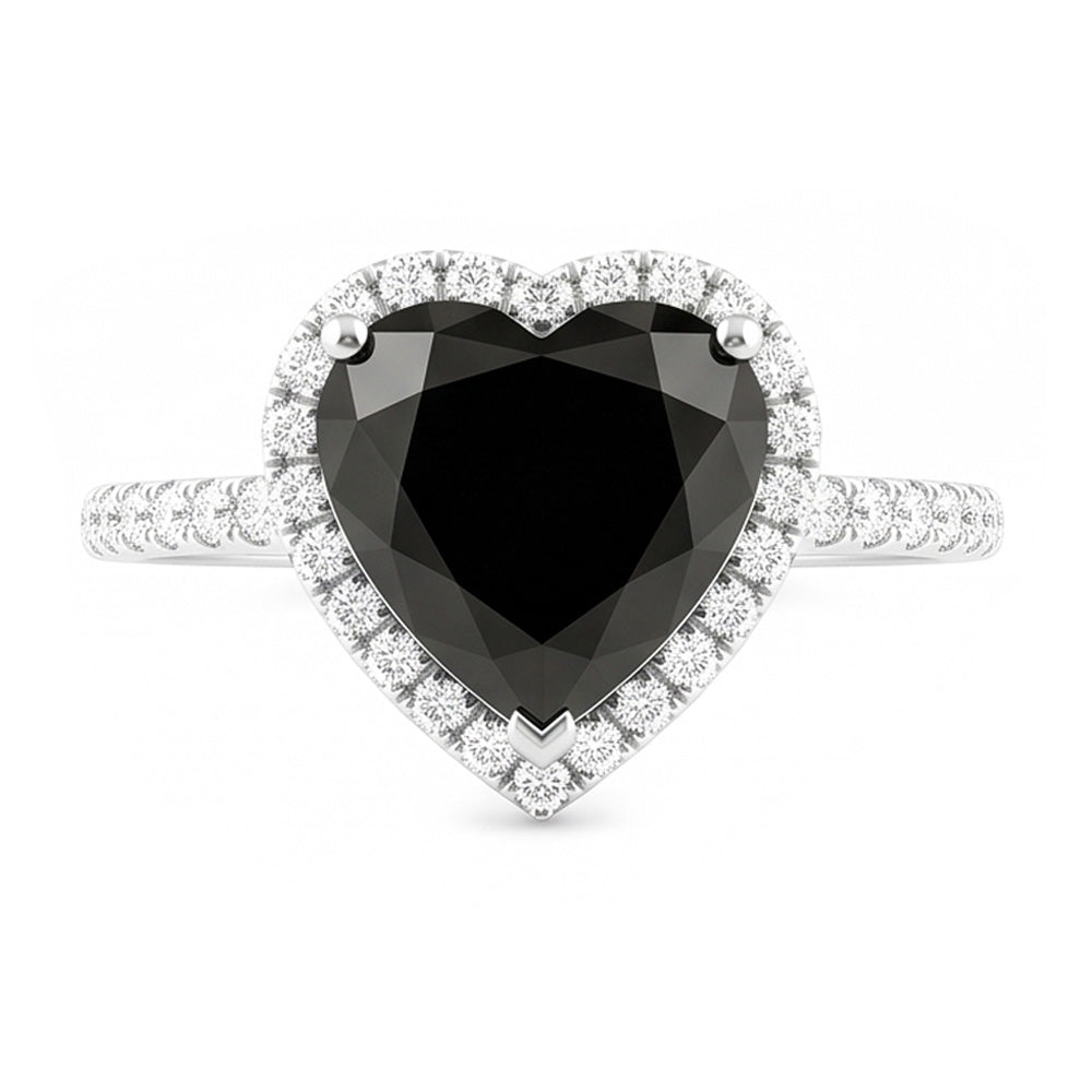Verlobungsring mit schwarzem Diamanten 4 Karat Natürliche Herzform Halo Pavé 14 Karat Weißgold