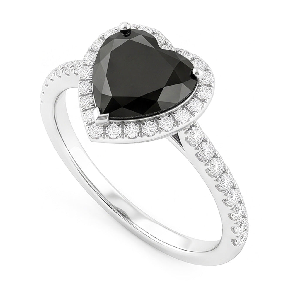 Verlobungsring mit schwarzem Diamanten 4 Karat Natürliche Herzform Halo Pavé 14 Karat Weißgold