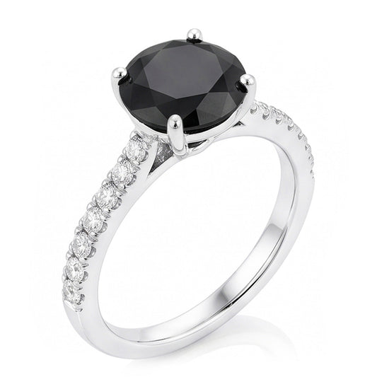 Schwarzer Diamant Antragsring 5 Karat Natürlicher Runder Pavé-Solitär 14 Karat Weißgold